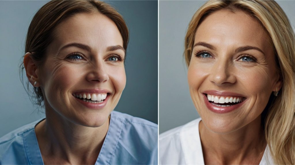 Person undergoing teeth whitening treatment at a dental clinic, showing close-up of brightened teeth and dental tools in background.